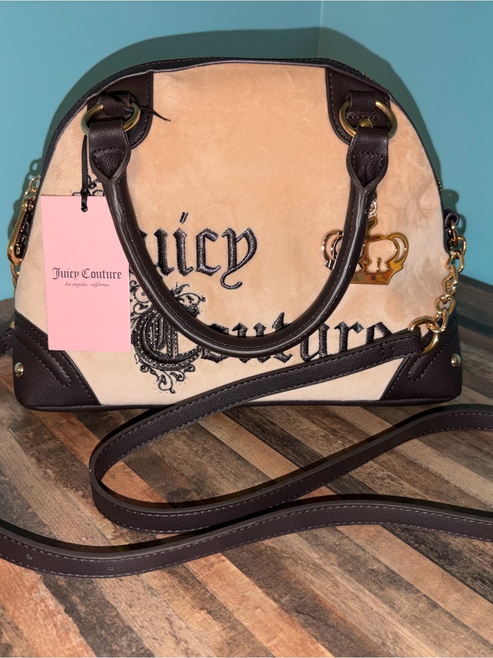 Juicy Couture Beige and Brown Dome Satchel with Gold Charm- Velvety Soft! NWT! - Picture 3 of 7